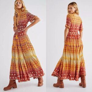 Free People‎ Gold Rare Feelings Ruffled Maxi Dress